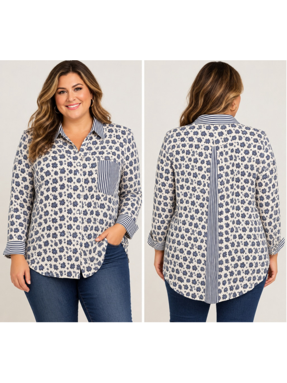 Chicos Mixed Print Shirt Stripe Floral Medallion Blouse Size 16/18 Plus 2159